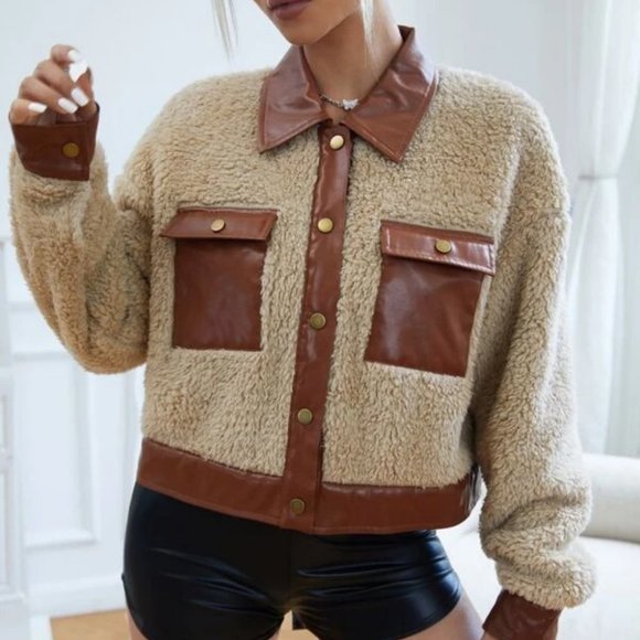 faux fur Teddy Crop Jacket Coat Brown - Picture 2 of 6